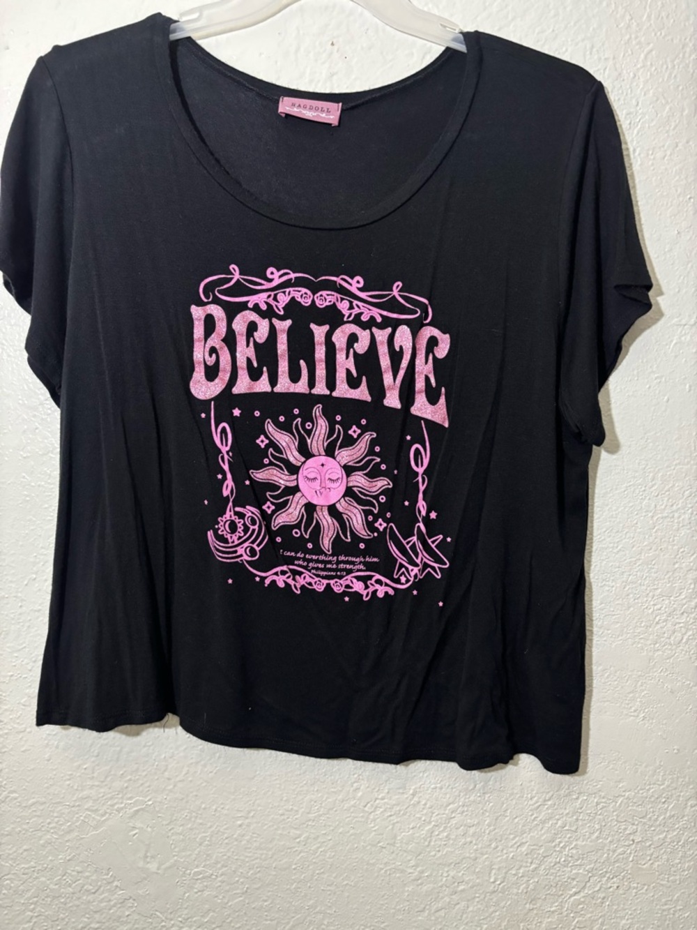 Ragdoll Black Short-Sleeve 'Believe' Graphic Tee with Pink Print